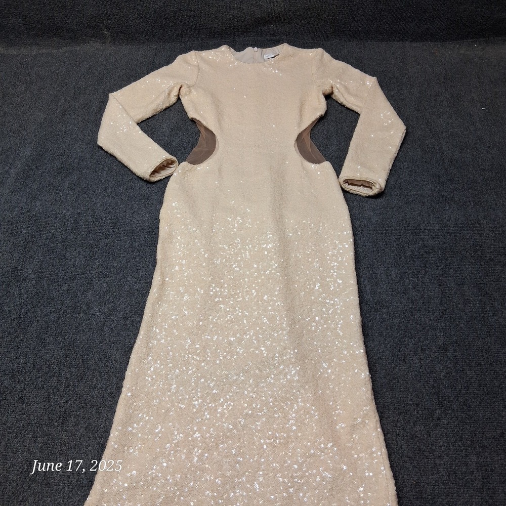 Dress the Population Lara Cream Sequin Cutout Long Sleeve Maxi Dress Gown Small